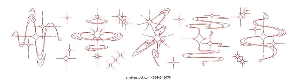 Red y2k star line art collection with swirls, sparkles, cosmic waves. Retro futuristic tattoo designs with celestial elements, abstract shapes. Minimalist nostalgic graphics for trendy body art.