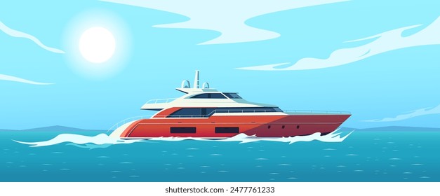 A red yacht is sailing on the ocean against a bright blue sky background. Concept of luxury, adventure, travel, and water recreation. Vector illustration