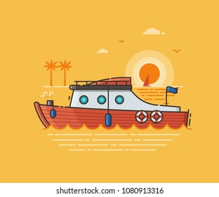 Red yacht tourist boat on seaside background. Motor boat excursion or summer holidays concept scene. Sport ship vector illustration in flat design. Modern speedboat by sunset as sea vacation metaphor.