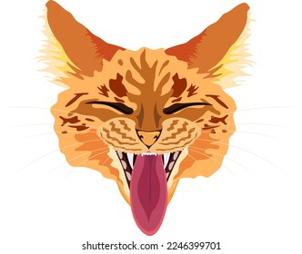 Red yawning cat with tongue hanging out, muzzle isolated from background. Vector illustration of a pet