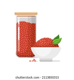 Red yeast rice in kitchen food storage container and white ceramic bowl. Closed transparent jar for dry bulk products. Vector isolated colorful illustration