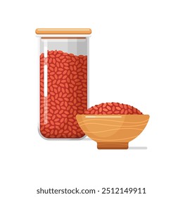 Arroz de levadura roja en el tarro de cristal de la comida de la cocina y el cuenco de cerámica o de madera. Envase transparente plástico claro con la tapa para el bulto y los cereales, ilustración plana del Vector de la historieta aislada en el fondo blanco