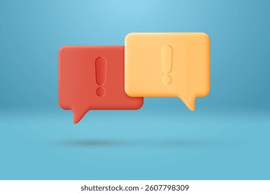 Red and yellow 3D speech bubble icons with exclamation marks on blue background. Vector illustration.