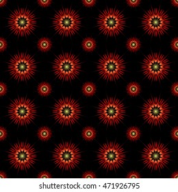 Red and yellow abstract flowers. Asters different size on a black background for a pattern or background.