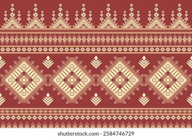 Red and yellow Abstract Geometric ethnic Pattern. Oriental Tribal Embroidery fabric design for background or carpet, wallpaper, batik wrapping, curtain design, vector illustration.