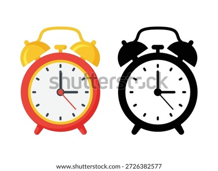 Red yellow alarm clock flat vector illustration on white for school time concept