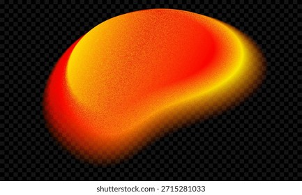 Gradiente de aura rojo y amarillo. Forma de gradación de color con grano abstracto. Mancha borrosa de la paleta de ombre de la salida del sol sobre fondo negro. Botón geométrico 3d iridiscente. Figura vibrante y2k con brillo y ruido.