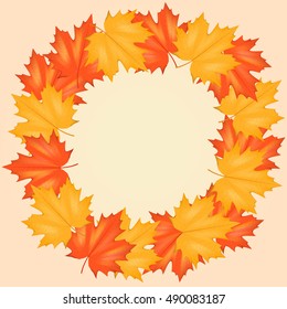Red and Yellow Autumn Leaves Pattern Background with circle for your text. Square format. Vector Illustration isolated on white background.