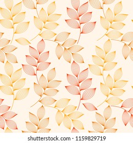 Red and yellow autumn leaves with veins seamless pattern, vector