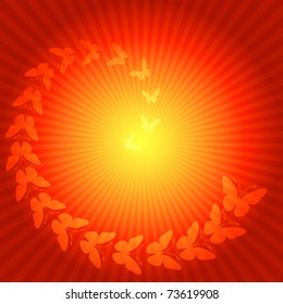 Red and yellow background with rays and butterflies (eps 10 vector)