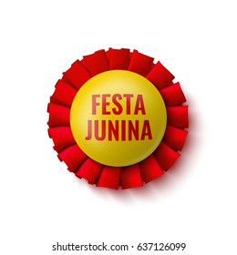 Red and yellow badge. Decoration with name of Brazilian Festival. Vector illustration. "Festa Junina" - June Festival.