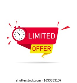 Red and yellow banners of limited offer with alarm clock isolated on white background. Countdown for time for price. Ribbon limited offer with stop button. Sale on exclusive and special promo. Vector