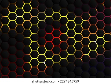 Formas de miel de abejas rojas y amarillas. Colmena de abeja con células de cuadrícula hexagonales en el fondo negro