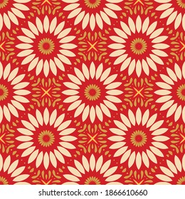 Red Yellow Beige Mosaic Arabesque Kaleidoscope Floral Ethnic Seamless Pattern. Abstract Geometric Symmetrical Wallpaper. Vector Tile.