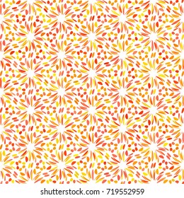 Red, yellow, beige, orange gradient firework splash dot seamless pattern on white. Abstract vector floral petal geometric 80, 90 ornament for prints, textile, fabric, package, cover