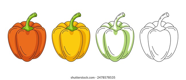Red and yellow bell pepper, colorful and line icons set. Farm vegetable vector outline icon, monochrome and color illustration. Healthy nutrition, organic food. For sticker, logo, coloring book