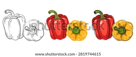 Red and Yellow Bell Pepper Vector Set with Line Art, Colored and Outline Stalks