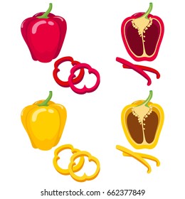 Red and yellow bell pepper. Whole and slice isolated on white background. Healthy food, diet. Vector illustration. Flat cartoon style