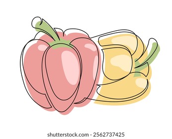 Red and yellow bell peppers line isolated on white background. Simple silhouette of vegetables. Hand drawn bell peppers outline. Vector illustration