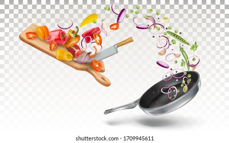 Red and yellow bell peppers, peas, peas, onion, chopped on the kitchen board are flying in a pan for cooking. Vector 3d illustration isolated on a white transparent background.