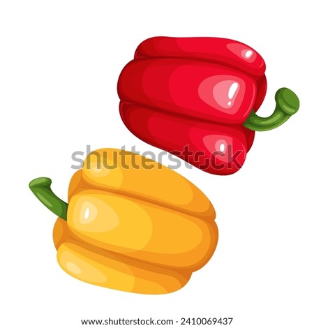 Red and yellow bell peppers vector illustration. Cartoon isolated top view of two juicy ripe vegetables, whole sweet paprika for cooking vitamin salad, Bulgarian peppers for summer vegetarian snack