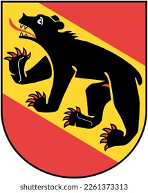 Red, yellow and black coat of arms with bear of Swiss Canton Bern and City of Bern. Illustration made February 12th, 2023, Zurich, Switzerland.