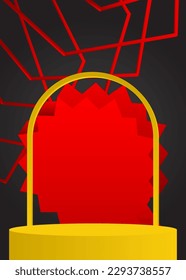 Red, yellow and black cylinder pedestal podium. Abstract stage showcase for presentation. Mockup vector product display.