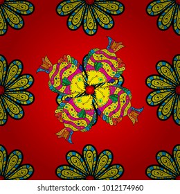 Red, yellow and black. Fashionable clothes. Classical embroidery tropical sea, wave, fishes, corals, seamless fashion pattern. Embroidery sea life, sea, tropical fishes seamless pattern. Vector.
