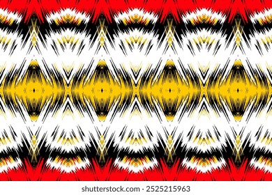 Red, Yellow, and Black Ikat Zigzag Pattern: Dynamic Seamless Design for Bold Fashion, Statement Home Decor, and Ethnic-Inspired Interiors