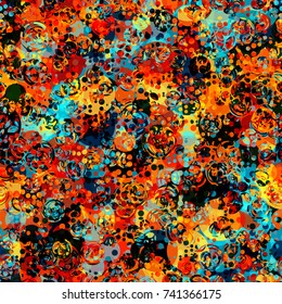Red, yellow, black, orange, blue colors. Decorative seamless texture from circles. Rough surface. Abstract vector background for web page, banners, fabric, home decor, wrapping