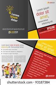 Red, yellow and black template for advertising brochure with cartoon people