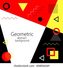 red yellow black white abstract geometric vector background, geometric elements, triangle, square, circle, rhombus, postcard
