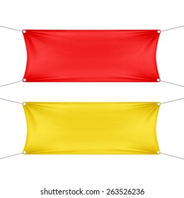 Red and Yellow Blank Empty Horizontal Rectangular Banners Set with Corners Ropes. Textile, Fabric or Nylon. Vector Illustration Isolated on Background. Ready Template for Your Logo, Text and Design
