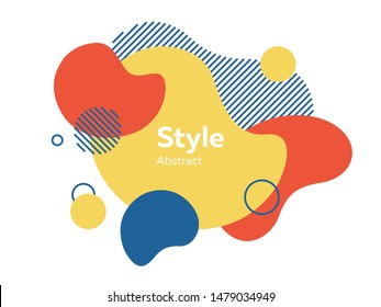 Red, yellow and blue abstract elements. Hatched shapes, circles, layers, dynamical forms with text sample. Vector illustration for banner, poster, logo, cover design