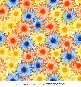 Red yellow blue camomile daisy flowers vibrant summer vector seamless pattern. Bright flowers blossom beautiful decorative fabric print for summer dress.
