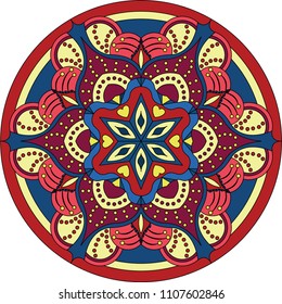 Red, yellow and blue colors mandala. Circle ornament design. Modern and decorative. Vector illustration. 