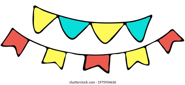 red, yellow, blue flags on the rope, garland, decoration, vector color doodle element with black outline
