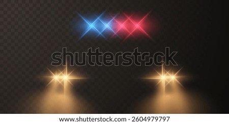 Red, yellow and blue flare light rays. Police car siren on transparent bakground. Vector illustration.