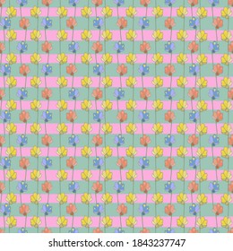 Red, yellow and blue flowers, patterns. The motives are arranged in a specific order. Geometric seamless vector texture, background of green and pink stripes. For all trendy prints