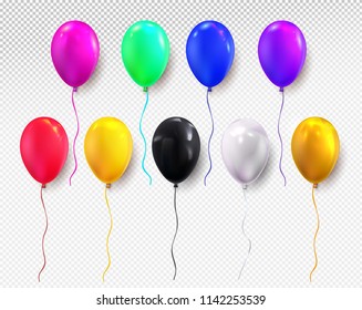 Red, yellow, blue, green, black, white and glossy golden balloon. Glossy realistic balloon for Birthday party. For your design and business. Vector illustration. Isolated on transparent background