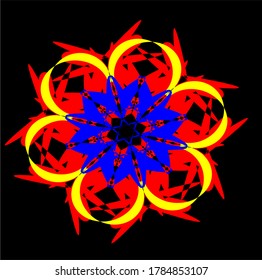 red yellow blue mandala flower with forty nine petals and two layers of circles