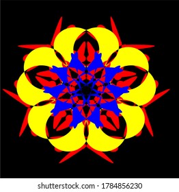 red yellow blue mandala flower with forty-eight petals and two layers of circles