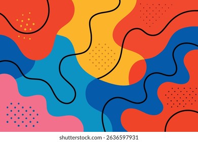 Red, yellow, and blue pattern with curvy lines and dotted texture elements