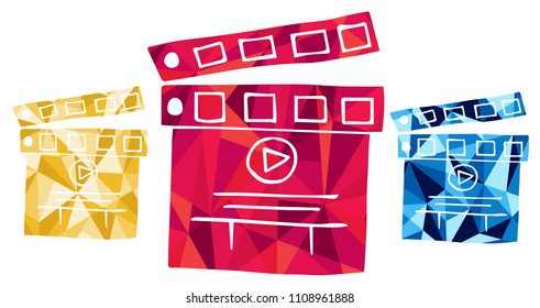 Red, Yellow and Blue Polygon Geometric Vector Illustration Flat Line Icon, Sign, Symbol of Film Movie Video. Graphic Design Outline Silhouette EPS10.