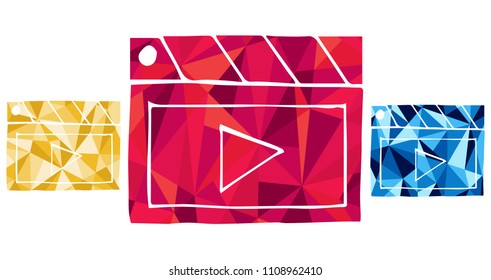 Red, Yellow and Blue Polygon Geometric Vector Illustration Flat Line Icon, Sign, Symbol of Film Movie Video. Graphic Design Outline Silhouette EPS10.