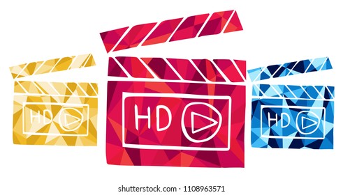 Red, Yellow and Blue Polygon Geometric Vector Illustration Flat Line Icon, Sign, Symbol of Film Movie Video. Graphic Design Outline Silhouette EPS10.
