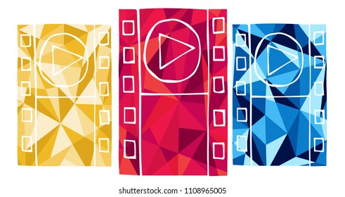 Red, Yellow and Blue Polygon Geometric Vector Illustration Flat Line Icon, Sign, Symbol of Film Movie Video. Graphic Design Outline Silhouette EPS10.