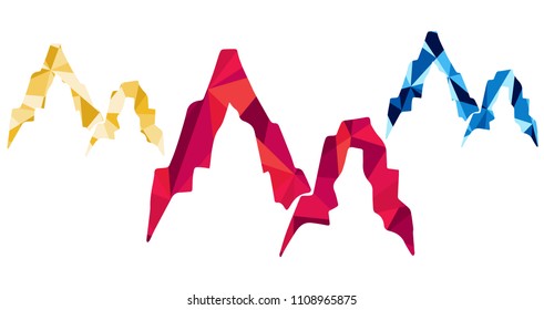 Red, Yellow and Blue Polygon Geometric Vector Illustration Flat Line Icon, Sign, Symbol of Landscape Hill Mountain. Graphic Design Outline Silhouette EPS10.
