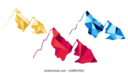 Red, Yellow and Blue Polygon Geometric Vector Illustration Flat Line Icon, Sign, Symbol of Landscape Hill Mountain. Graphic Design Outline Silhouette EPS10.
