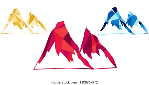 Red, Yellow and Blue Polygon Geometric Vector Illustration Flat Line Icon, Sign, Symbol of Landscape Hill Mountain. Graphic Design Outline Silhouette EPS10.